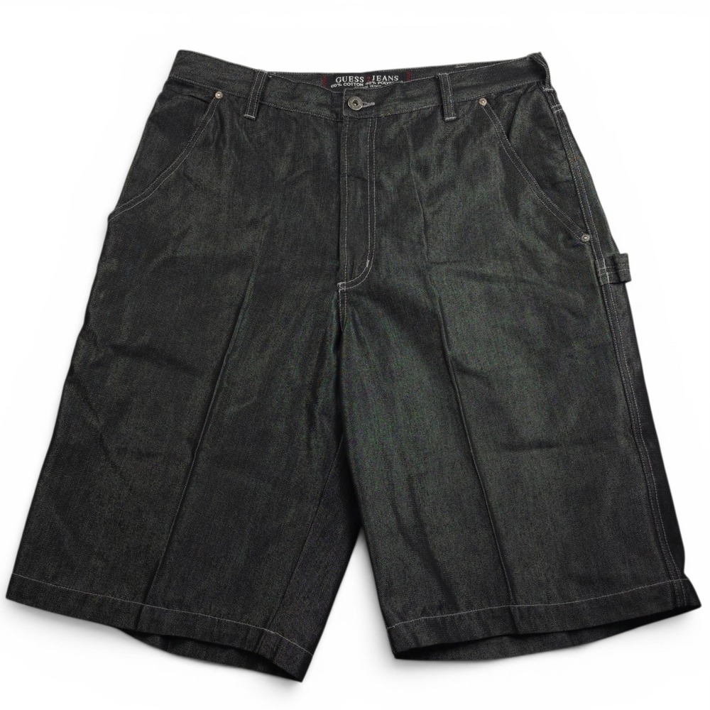 Vintage Guess Jeans Men 34 Black Metallic Carpenter Shorts Y2K Paratrooper Baggy
